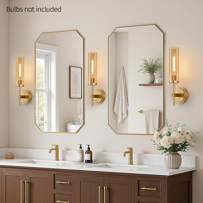 MOKATNG Hardwired Wall Sconces Set of Two, Brushed Gold Bathroom Sconces with Amber Glass, Modern Wall Light Fixtures for Bathroom Mirror Vanity, Living Room, Hallway, Stairway, Cabinet, Foyer