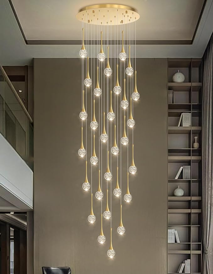 30 Light Modern Glam Crystal Chandelier for High Ceiling LED Dimmable Ceiling Pendant Light Staircase Foyer Enterway Living Room Chandelier Lighting Antique Gold