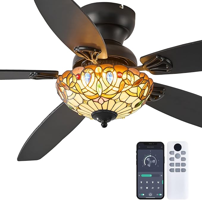 Ceiling Fans with Lights-52 Ceiling Fan Chandelier and Glass Shade | 52" Ceiling Fan Chandelier with 5 Dual-Blades and Glass Shade, 6 Speeds and Reversible, Indoor and Outdoor, Retro Style