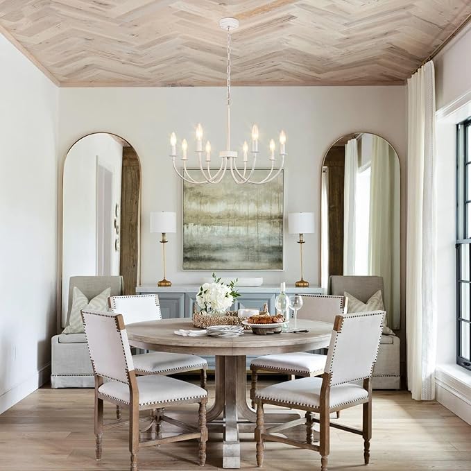 French Country Chandelier, 8-Light Antique White Farmhouse Chandelier for Dining Room, Candle Hanging Pendant Light for Kitchen Living Room Bedroom Foyer Entryway