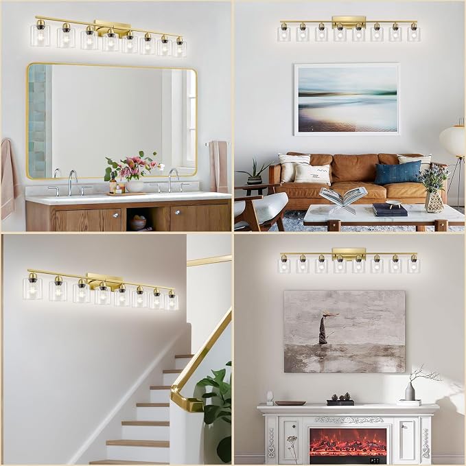 Modern Brushed Gold 8 Light Bathroom Light Fixtures, 52 inch Vanity Lights for Bathroom with Clear Glass, Bathroom Light Fixture for Mirror Kitchen Living Room Hallway Cabinet Porch