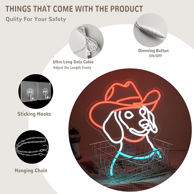 Cowboy Dachshund Neon Sign for Wall Decor Wiener Dog Neon Light Animal Led Signs Colorful Neon Light Up Sign for Bedroom Pet Shop Zoo Mall Decoration