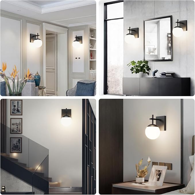 Ralbay Black Indoor Wall Sconces Set of 2,Mid Century Modern Bathroom Wall Lighting Fixtures Milky Glass Wall Lamp for Bedroom Living Room Vanity Hallway, Matte Black (Exclude Bulb)