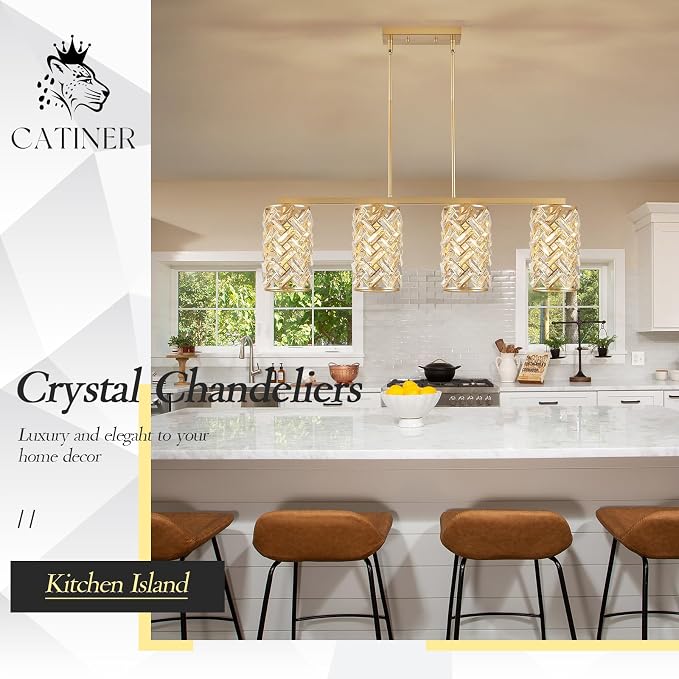 CATINER 40" Gold Crystal Linear Chandelier, 4-Light Kitchen Island Pendant | 40-inch gold crystal linear chandelier with adjustable height, 4 E26 lights, dimmable for kitchen islands and dining rooms