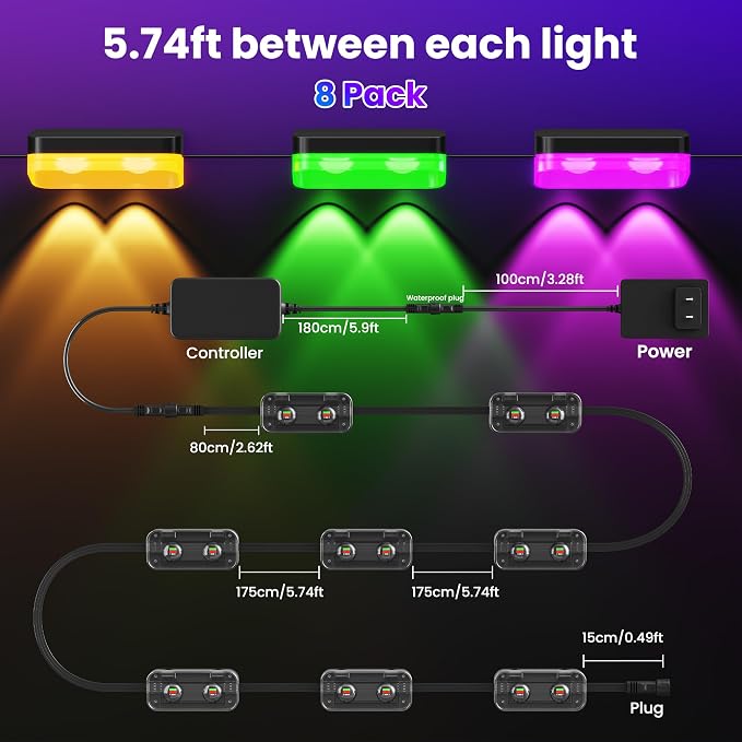 50FT Outdoor Fence Lights, 8 Packs Smart Deck Lights App/Remote Control | 16 Million Monochrome Modes, RGBCW+IC, Color Changing Lights for Fence, IP67 Waterproof for Backyard Railing Decor