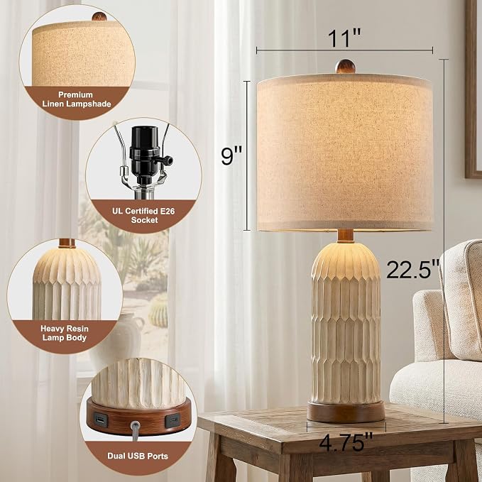 22" Bedside Table Lamps Set of 2, Farmhouse Lamp with USB A+C, Brown | Vintage Nightstand Lamp for Bedroom, Retro Design, Home decor for living Room, Nursery, Home Office, End Side table, Hallway