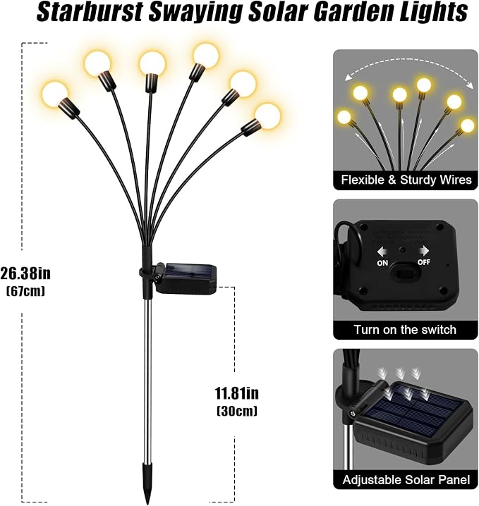 Solar Garden Lights Outdoor Waterproof, Swaying Firefly Light, Garden Decor | 6 Pack Solar Firefly Lights, Auto On/Off Decor for Yard, Patio, Pathway and Lawn, Gifts for Women, Christmas Decor