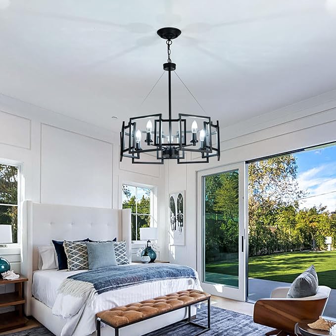ZGLAOJT Modern Chandelier Black Geometric Pendant Lighting Fixture 5-Light Metal Farmhouse Chandelier for Dining Room Living Room entryway Kitchen Bedroom Island