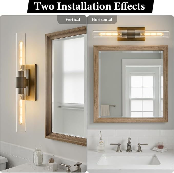 Linear Brass Bathroom Wall Sconce: Set of 2 Antique Modern Vanity Lights | Luxury Dimmable Brushed Gold Sconces, Clear Glass Tube Minimalist Light Fixture for Bedroom Living Room Hallway Indoor Decor