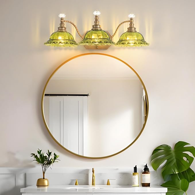 Vintage Bathroom Light Fixtures, 3 Light Brass Vanity Lights with Green Crystal Glass Flower Shade, Retro Wall Sconce for Bedroom, Living Room, Hallway