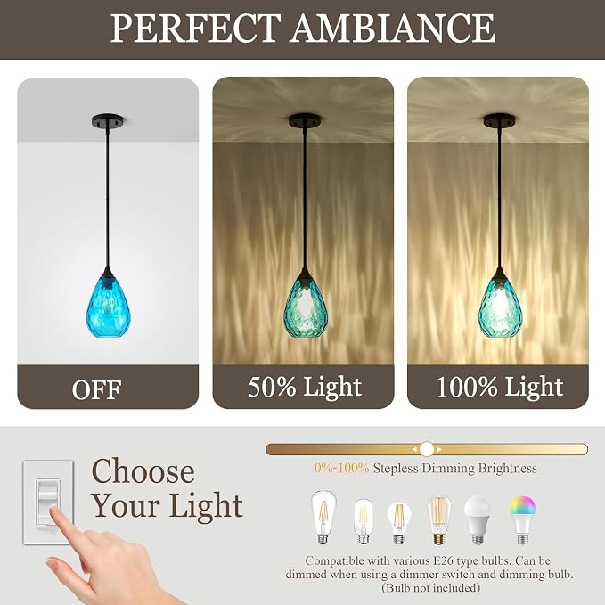 Black Pendant Lights Kitchen Island 2 Pack, Modern Blue Glass Pendant Light Fixtures with Hammered Glass and Rods, Adjustable Small Hanging Light for Kitchen Sink Dining Room Bathroom