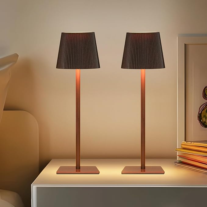 LUTEC 2 Pack Cordless Table Lamp,6000mAh Rechargeable Battery Operated Desk Lamp,Two Adjustable Heights,Waterproof, Touch Control & 3 Color Stepless Dimming for Restaurant/Bedroom/Bars/Outdoor (Brown)