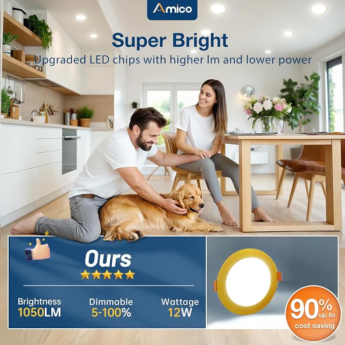 Amico 12 Pack 6 Inch Ultra-Thin LED Recessed Ceiling Lights Gold Finish | Metal 5CCT 2700K-5000K Dimmable Canless Wafer Downlight with Junction Box, Damp Location, IC Rated, ETL&FCC