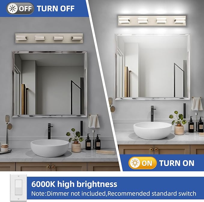 SOLFART Bathroom Vanity Lights Brushed Nickel LED Lighting, LED Bathroom Light for Bath, 4 Light Vanity Lighting Above Mirror Cool Light 6000K
