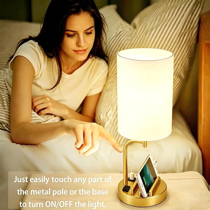 Dreamholder Touch Control USB Table Lamp with USB C/A & AC Outlet, 3-Way Dimmable Bedside Lamp, Modern Nightstand Lamps for Bedroom Living Room Guest Room Office, Bulb Included, Gold