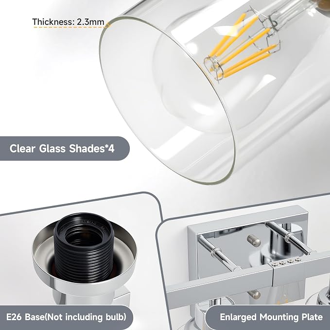 4-Light Chrome Vanity Lights,24" Bathroom Light Fixtures | Modern Polished Chrome Bathroom Lighting over Mirror with Clear Glass Shades,Farmhouse Bathroom Wall Sconece over Sink,E26
