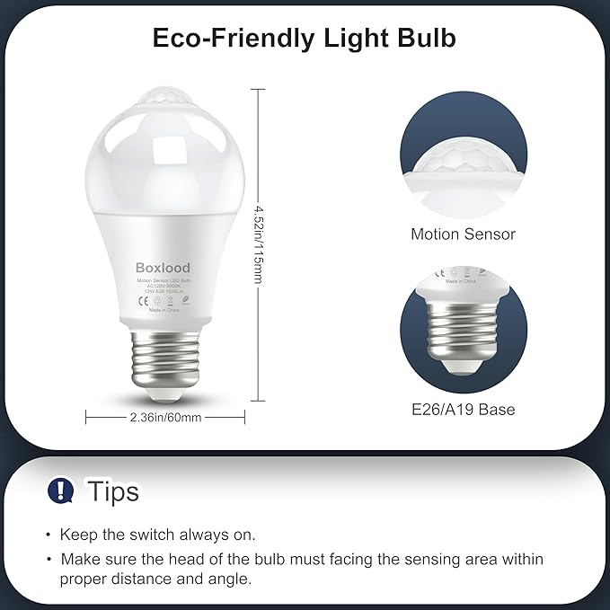 Motion Sensor Light Bulbs, 12W Motion Activated Dusk to Dawn Outdoor Light Bulb (100Watt Equivalent) A19 E26 6000K Cool White for Outdoor Indoor Front Door Porch Garage Basement Hallway, 1 Pack