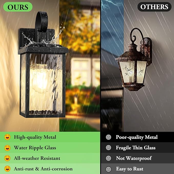 2-Pack Outdoor Wall Light Fixtures with Water Ripple Glass, Black | Waterproof, Rust-Resistant, Durable Metal, Standard E26 Socket, Easy to Install