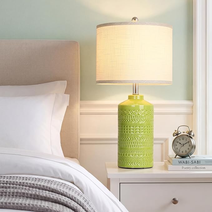 JUNNAI Light Green Ceramic Table Lamp 25 inch 3-Way Dimmable Nightstand Lamp with White Linen Shade Bedside Lamp for Living Room Bedroom Office Reading (Bulb Included)