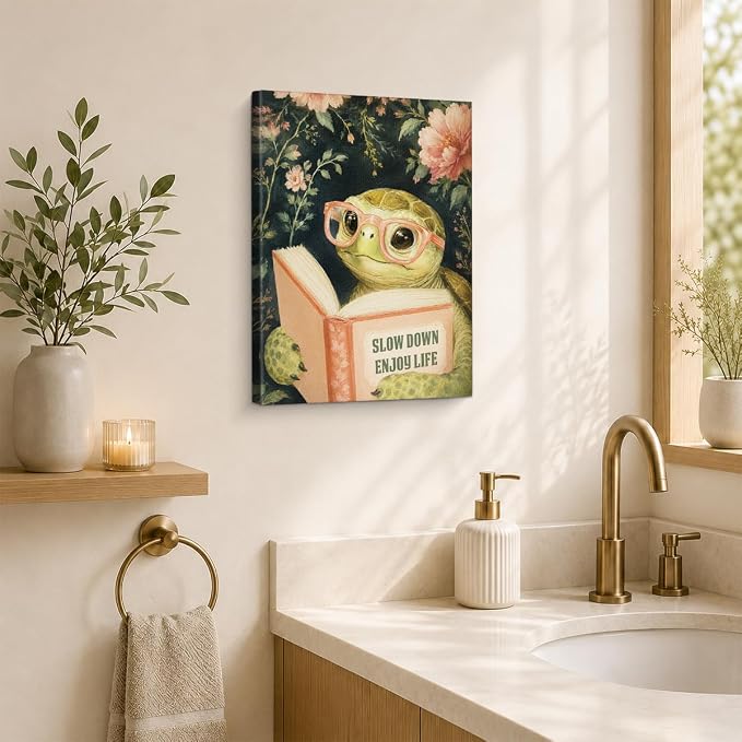 NSFBESSLIA Funny Reading Turtle Painting, Whimsical Floral Animal Decor, Slow Down Enjoy Life, Vintage Cottagecore Wall Art for Living Room Bedroom Entryway, 8x10 Inch