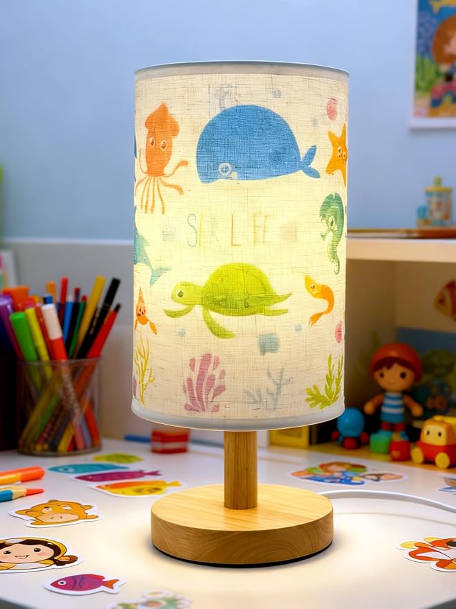 Ocean Lamp,Ocean Kids Table Lamp for Bedroom Bedside Lamps,Gifts for Sea Lovers-3 Color LED Nightstand Night Light with Cartoon Flaxen Fabric Shade Desk Lamp for Girls Boys Room Nursery Decor