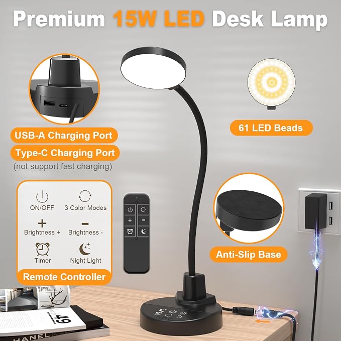 15W LED Desk Lamp with USB Charging Ports, [Button & Remote Control] Dimmable Table Lamp with 3 Color Modes, 5 Brightness Levels, 4 Timers, Flexible Reading Light for Home Office, Bedroom, Kids Study