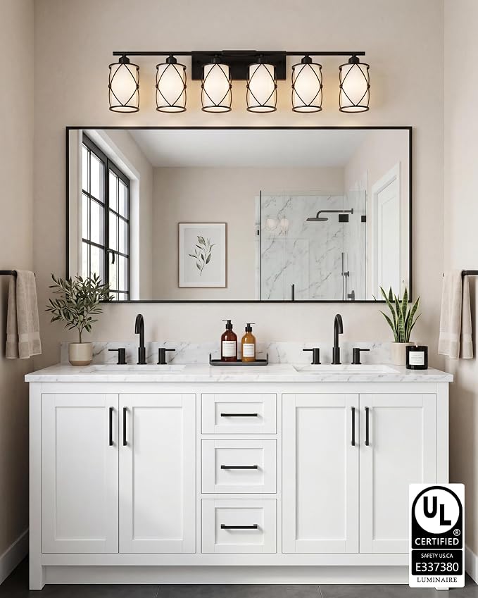 6-Light Matte Black Bathroom Light Fixtures Over Mirror, 42" UL-Listed Modern Farmhouse Wall Sconce Lights with Milk White Frosted Glass and Metal Cage for Bath, Hardwire E26, CH9176BKW-6W