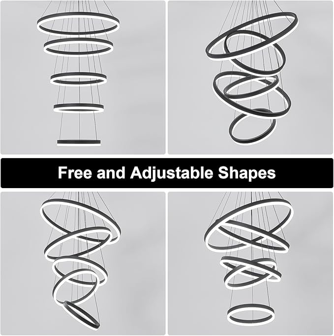5-Rings Modern LED Chandelier Black Dimmable High Ceiling Chandelier for Dining Room with Remote Control for Foyer Living Room Entryway Staircase(D23.6’’, 3000K-6500K)