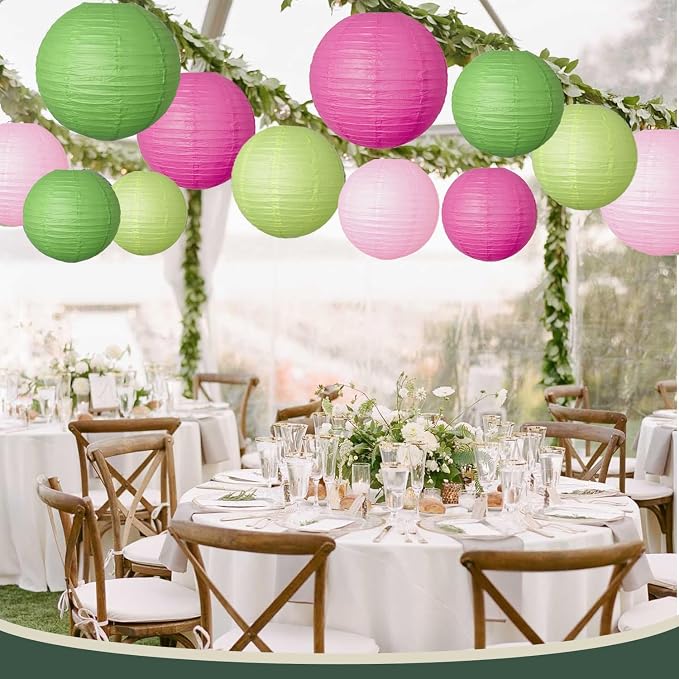 12 Pcs Paper Lanterns Party Decorations Pink Green Round Hanging Paper Lanterns Assorted Sizes Paper Lanterns for Birthday Baby Shower Wedding Bridal Shower Hawaiian Luau Jungle Theme Party Decoration