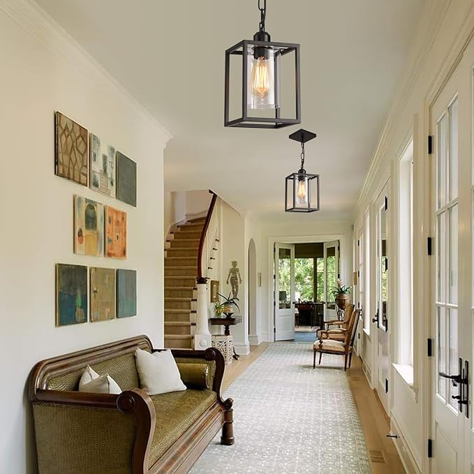 Farmhouse Pendant Light,Black Metal Frame Hanging Light Fixture with Clear Glass Shade Chandelier, Adjustable Chains Industrial Mini Pendant Lighting for Kitchen Island Entryway Porch