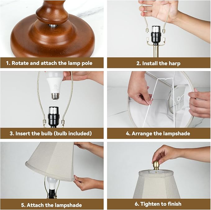 LALISU Farmhouse Table Lamps Rustic Bedroom Lamps for Living Room, 24.41" Boho Bedside Lamp with Chain Switch for Night Stands End Table Office Desk Lamp Nightstand with Linen Shades (Walnut)