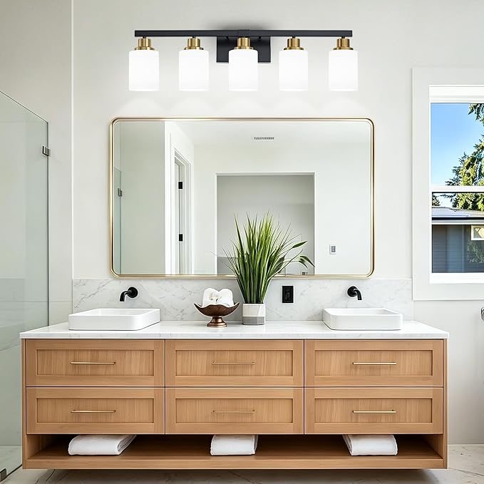Bathroom Vanity Light, 5-Light Vanity Lighting Black and Gold,30" | Black and Gold Wall Light Fixture,Bathroom Light Fixtures with Frosted Glass Shade for Mirror Bedroom Restroom Sink