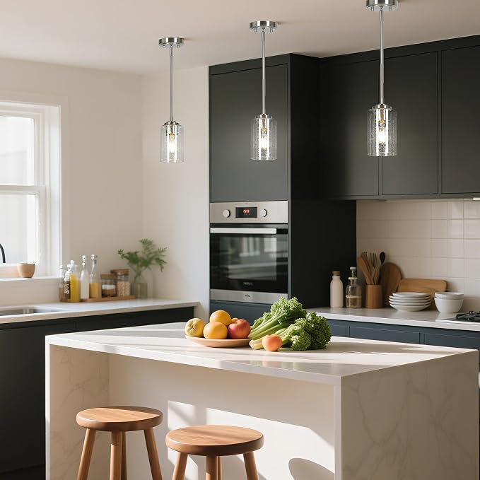 KSANA Pendant Lights Kitchen Island, 3.9'' Mini Modern Satin Nickel 1-Pack Pendant Hanging Lights Fixture with Seeded Glass Shade for Kitchen Sink, Foyer, Hallway, Bedroom Nooks and Powder Rooms