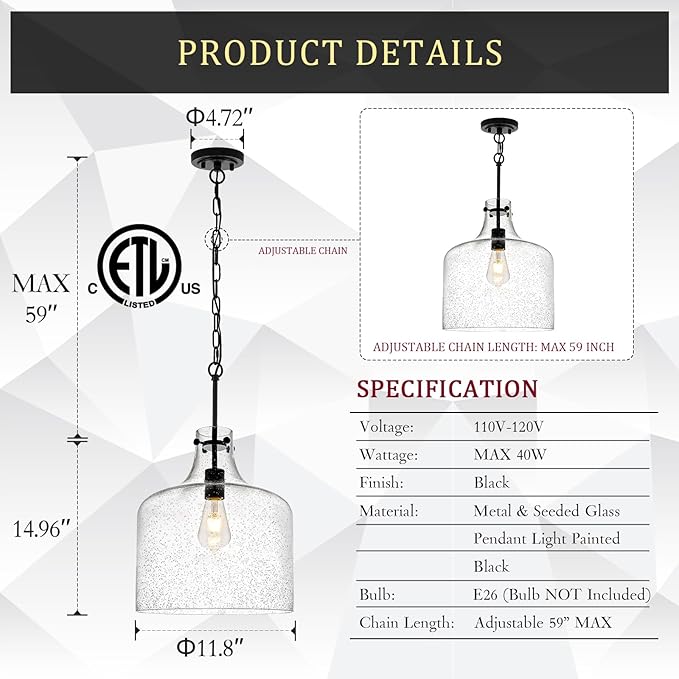 12" Black Seeded Glass Pendant Light, Modern Farmhouse Hanging Ceiling Light Fixture for Kitchen Island, Dining Room, Hallway, Hand-Blown Bubble Glass Shade, E26 Dimmable Pendant Lighting