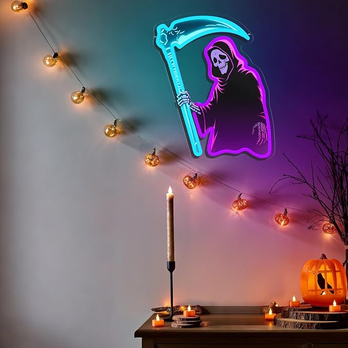 Grim Reaper Neon Sign with Scythe, Dimmable LED Skeleton Neon Light for Wall Decor, Gothic Room, Man Cave, Bar, Game Room Decor Gifts