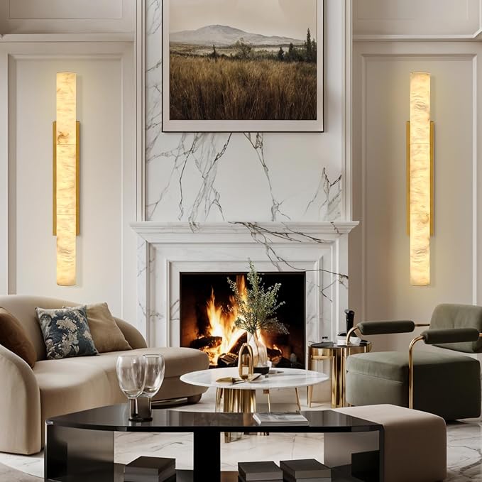Natural Alabaster Wall Sconces, 36" Large Bronze Wall Sconce, Modern Gold LED Sconce, Cylinder Spanish Marble Sconces Perfect for Living Room, Bedroom, Hallway, Stairs