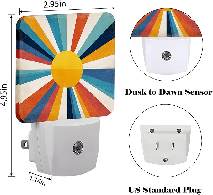 Colorful Sunburst Night Light,Plug Into Wall for Boys Girls Bedroom Decorative Square Night Light Lamp 0.5w Sleep Friendly