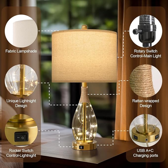 23" Table Lamps for Living Room Set of 2 Bedside Lamps for Night Stands Bedroom Lamps Farmhouse Rattan Boho Lamp Glass Nightlight End Table Lamp with USB C+A (Gold),Two Light Points