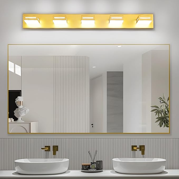 LED Modern Bathroom Light Fixtures, 5-Light 40-Inch Gold Vanity Lights for Bathroom Lighting Fixtures Over Mirror, 6000K Cool White 350° Rotatable Wall Lamp