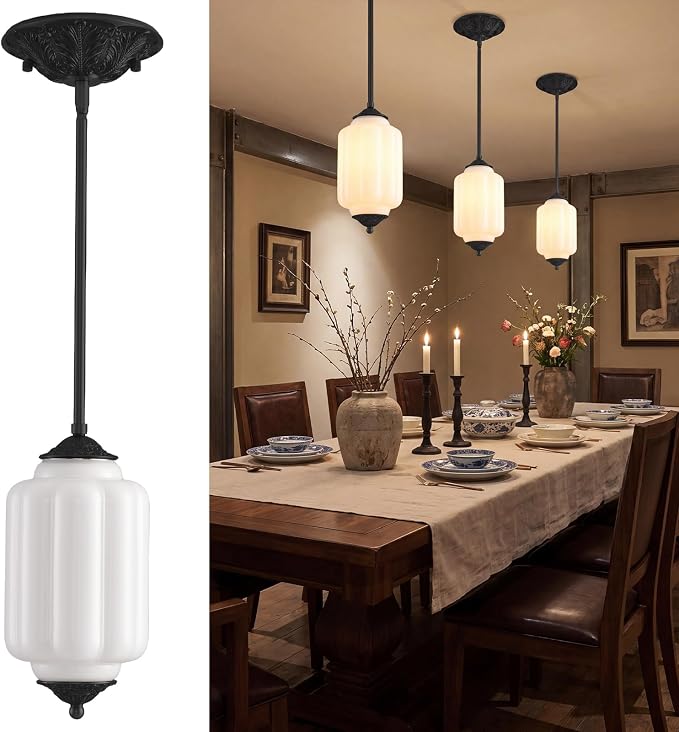 LOUSACE 5.5 in Milk Glass Kitchen Pendant Light, Retro Semi Flush Mount Ceiling Pandant Lighting with Matte Black Aluminium Base & White Milk Glass, E12 Blub Included