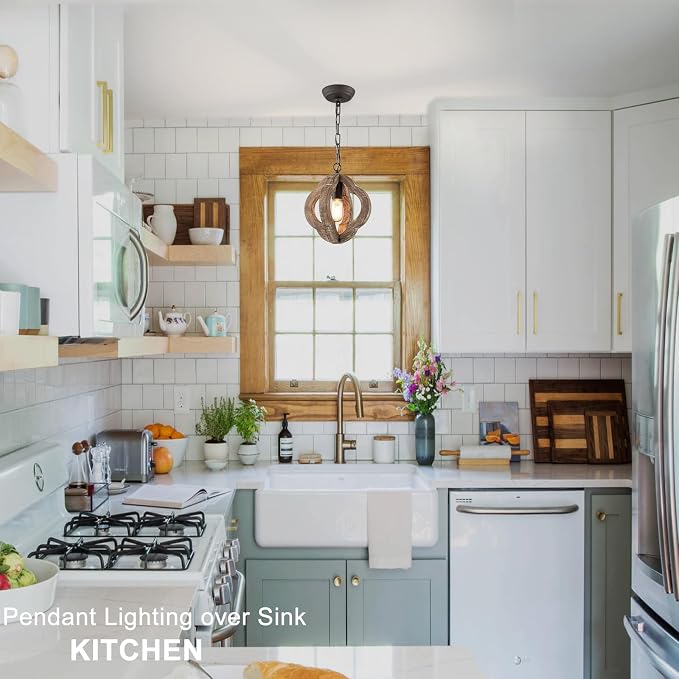 10" Small Farmhouse Wood Oak Pendant Light for Kitchen Island Over Sink | Distressed Oak, Rustic Country Style, Rust-Brown Finish, Orb Shape, E26 1-Light, Ajustable Height