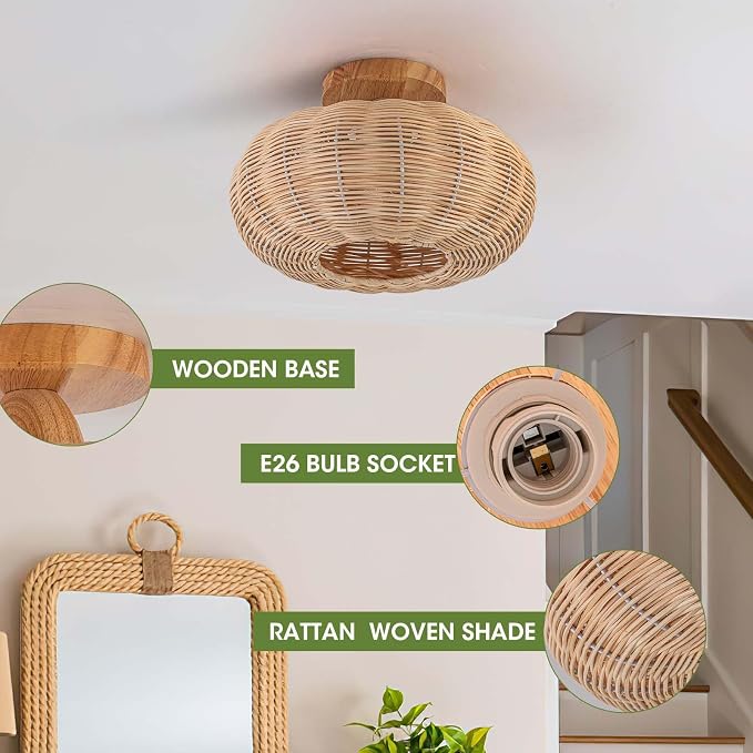 Rattan Ceiling Light Fixtures,Boho Chandelier Small Flush Mount Ceiling Light,12'' Handwoven Ceiling Lamps,Wooden Rattan Lampshade,Rustic Boho Ceiling Light for Bedroom,Hallway,Nursery,Farmhouse