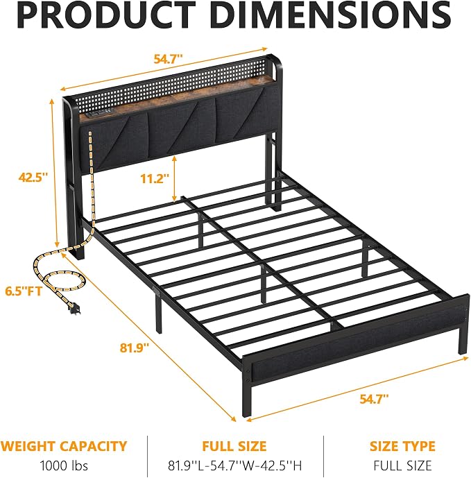 Full Size Bed Frame with Storage Shelf and Upholstered Headboard | Metal Platform Bed with LED Light, Charging Station and Heavy Duty Slats, No Box Spring Needed, Noise Free & Easy Assembly