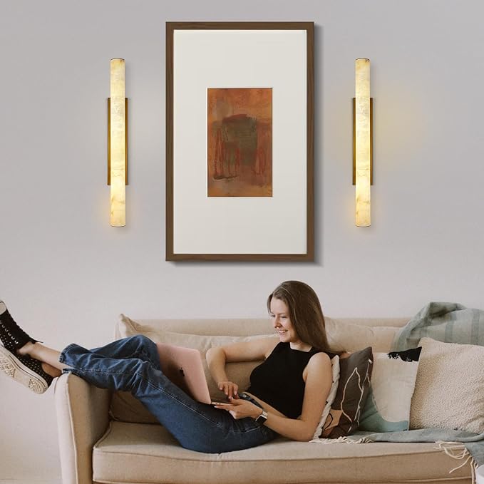 Brass Alabaster Wall Sconces, Spanish Natural Marble Wall Sconce, 36" Long Stone Wall Sconce Dimmable, Gold Alabaster Sconces Wall Lighting Indoor, Marble Wall Light for Bathroom, Living Room, 1PC