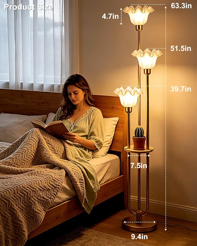 Lightdot Flower Floor Lamp for Living Room Dimmable Vintage Floor Lamp with Shelf& Bulbs Included Mid Century Gold Floral Standing Tall Lamp with 5Lbs Heavy Base for Bedroom/Sofa Beside/Corner Decor
