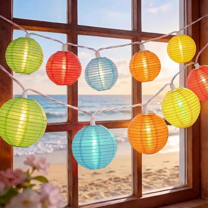 8.5Ft LED Lantern String Lights Plug in, Summer Outdoor Decor Fairy Lights | 10 Waterproof Multicolor Lanterns, Connectable Hanging Patio Lights for Hawaiian Camping Tent Holiday Party Garden