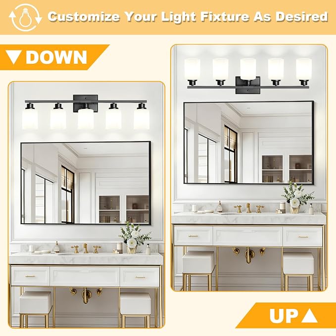 5-Light Bathroom Light Fixtures, Modern Black Vanity Light Over Mirror, Wall Sconces with Milky White Glass Shades for Living Room Bedroom Hallway E26 Base