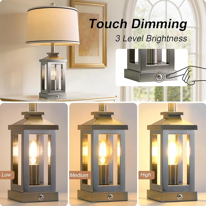 24" Table Lamps for Living Room Bedroom Modern Metal Bedside Lamps Set of 2 Nightstand Lamp for Night Stands 3 Way Dimmable Touch Lamp with USB C+A Ports and 2 Light Sources, 4 Bulbs Includes