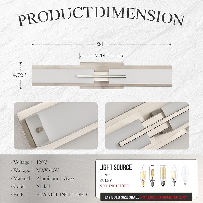 VitaLink 24” Bathroom Vanity Light, Satin Nickel 2-Light Frosted Glass Wall Lights for Bathroom Hardwired Wall Mount Lighting Fixtures for Living Room Bedroom E12
