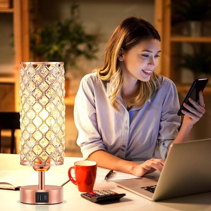 Pink Crystal Table Lamp, 3 Way Dimmable Touch Lamps for Night Stands | Rose Gold, Touch Control, USB C+A Charging Port, Desk Lamps for girls Bedroom, Living Room, Home Office, Room Decor